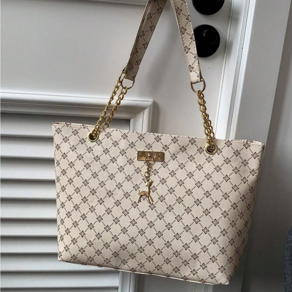 ⚠️Clearance Beige Large Tote Shoulder Bag Metal Deer Charm - Picture 9 of 16